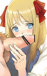 blue_eyes blush censored close-up copyright_request face hair_ribbon hands kage_yuu penis penis_awe ribbon ribbons shy