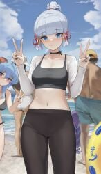 background_characters beach belly belly_button bikini bikini_top blue_eyes blue_hair choker clothing dolri female ganyu_(genshin_impact) genshin_impact hair hair_ornament hi_res horn horns hoyoverse human kamisato_ayaka leggings light-skinned_female light_skin long_hair looking_at_viewer looking_back mihoyo pale_skin partially_clothed peace_sign purple_eyes purple_hair raiden_shogun sea seaside sport sports_bra sports_uniform sportswear stomach swimsuit swimwear tank_top thick_thighs thighs tight_clothes tight_clothing tight_fit tight_pants tights v_sign very_long_hair video_games white_hair