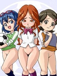 ball black_eyes black_hair blue_hair bottomless brown_eyes brown_hair celia_hills curvy female female_only footwear glasses human human_only inazuma_eleven inazuma_eleven_(series) isu kino_aki lowres multiple_girls nelly_raimon no_panties oekaki otonashi_haruna raimon_natsumi silvia_woods soccer_ball socks telstar