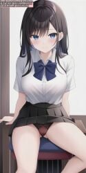 ai_generated anime anime_style big_breasts black_hair black_skirt blue_bowtie blue_eyes blue_tie bowtie breasts female female_only legs_spread panties red_panties school school_uniform schoolgirl schoolgirl_uniform shirt sitting sitting_on_chair skirt soli_sketch spread_legs thick_thighs thighs tie white_shirt