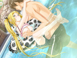 1boy 1girls blonde_hair blue_eyes breast_grab breasts censored feet female game_cg hair_ribbon hair_ribbons happoubi_jin human innertube kanojo_x_kanojo_x_kanojo leg_lock legs long_hair male mosaic_censoring nipples orifushi_mafuyu penis pool ribbon ribbons sex shiki_haruomi shirt_lift soles straight tied_hair toes twintails underwater underwater_sex water