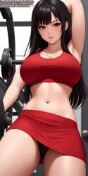 ai_generated anime anime_style big_breasts black_hair bra breasts brown_eyes female female_only gym red_bra red_skirt red_underwear skirt soli_sketch solo solo_female thick_thighs underwear underwear_only white_skin