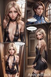 ai_generated apogeeblack ashe_(league_of_legends) bare_shoulders black_dress blonde_hair blush breasts choker cleavage comic cum cum_in_mouth cum_on_body cum_on_breasts deepthroat dress erection facial fellatio gloves green_eyes head_grab league_of_legends navel nipples oral penis realistic saliva short_hair speech_bubble sweat thighhighs