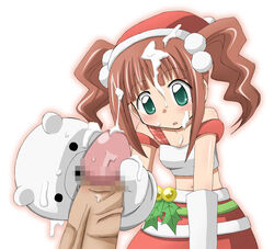 1girls accurate_art_style brown_hair censored censored_penis christmas color cum cum_on_hair female green_eyes hand_puppet handjob hat holly idolmaster male midriff mistletoe mosaic_censoring penis puppet santa_hat straight takatsuki_yayoi tied_hair twintails yoshiwo_(kanikama)