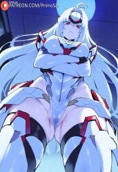 ai_generated blue_eyes crossed_arms from_below kos-mos large_breasts long_hair looking_at_viewer looking_down primosan pussy red_eyes revealing_clothes standing wet_pussy xenoblade_(series) xenoblade_chronicles_2