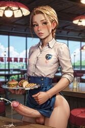 ai_generated big_ass cum cum_on_table cumshot fast_food fast_food_uniform femboy katiekursuz_(artist) katiekursuz_(oc) looking_at_viewer standing waitress