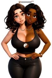 2girls 2heads afro-latina afro-latino ai_art ai_generated black_pants black_tank_top brown_eyes brown_hair brown_skin chocolate_and_caramel cleavage conjoined conjoined_twins crop_top cropped_shirt cropped_tank_top cropped_top curly_hair curvy curvy_female dark-skinned_female dark_skin facing_viewer female female/female female_only hands_on_hips identical_twins interracial interracial_twins large_breasts light-skinned_female light_skin looking_at_viewer low_cut_top multi_head same_face seaart.ai siamese_twins sisters stuck_together swago3789 tan_skin tank_top thick thick_hips thick_legs thick_thighs thin_waist twin_sisters twins two_tone_body two_tone_skin twoheads viewer_perspective wavy_hair white_bra wide_hips yin_yang yin_yang_symbol yin_yang_symbolism