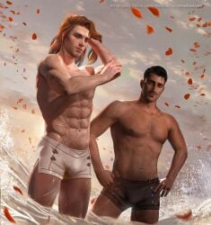 2boys abs artist_name artist_website bara beard_stubble biceps bulge bulge_through_clothing chest_hair dark-skinned_male dark_hair dark_skin dorian_pavus dragon_age dragon_age_inquisition duo facial_hair gay_male gerryart hairy_chest hand_on_hip human light-skinned_male light_skin long_hair looking_back mage male male_only moustache muscles muscular muscular_male nipples pecs rose_petals scar scars sea shirtless stubble underwear video_games water wave