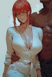 1boy ai_generated braid chainsaw_man cleavage dark-skinned_male dominant_male dress female formal_wear height_difference interracial l-major makima_(chainsaw_man) mommy red_hair submissive_female