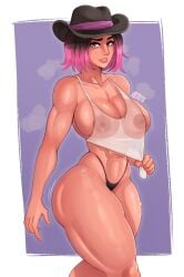 1female 1girls 2d 2d_(artwork) abs areolae_visible_through_clothing athletic athletic_female big_ass big_breasts brown_eyes calamity_(fortnite) cowboy_hat dyed-hair dyed_hair epic_games fat_ass female fortnite fortnite:_battle_royale hat headwear hourglass_figure huge_ass huge_breasts illustration lettuce_uwu looking_at_viewer muscular muscular_female narrow_waist pink_hair pulling_down_shirt see-through see-through_clothing see-through_top solid_color_background solo solo_female solo_focus tagme tank_top tanned tanned_female tanned_skin thick_thighs thighs thin_clothing thong thong_bikini thong_panties watermark white_tank_top