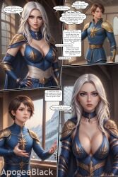 ai_generated apogeeblack ashe_(league_of_legends) bare_shoulders blonde_hair blush breasts choker cleavage comic dress gloves green_eyes league_of_legends realistic short_hair speech_bubble sweat