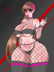 areola_slip big_ass big_breasts bubble_gum choker fishnets goth long_hair midriff original_character pink_eyes pink_hair sophie_queen11 stockings thick_thighs thong topwear