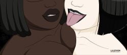 2girls asian_female big_breasts black_female black_lipstick dark-skinned_female dark_skin dreadlocks eyes_hidden female female_only glasses locs lucinia_esi_acheampong_(luleivon) luleiverse luleivon pale_skin pale_skinned_female sassy scowl thick_lips tomoyo_neuenschwander_(luleivon) tongue_sticking_out