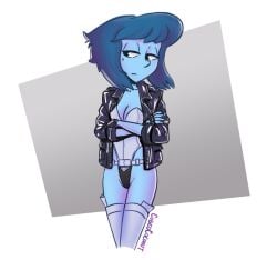 1girls blue_hair cartoon_network cosplay cubedcoconut female gem_(species) ghost_in_the_shell jacket_open kusanagi_motoko kusanagi_motoko_(cosplay) lapis_lazuli_(steven_universe) leotard solo steven_universe thighhighs thighs