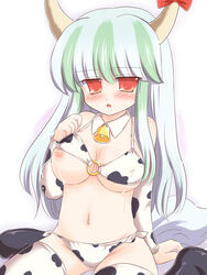 1girls bell bikini blush breasts cow_accoutrements cow_girl cow_print cowbell ex-keine female green_hair horns keine_kamishirasawa kneeling lactation moo_bitch nipples panties red_eyes ry side-tie_panties solo swimsuit thighhighs touhou underwear