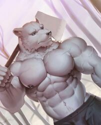 abs big_pecs furry handsome holding_axe muscular polar_bear unknown_artist unknown_source veiny_muscles white_fur