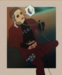 cardinal_copia eggplant_emoji fully_clothed gaming ghost_bc happytrail heterochromia phone phone_sex safe_for_work simple_background socks tagme