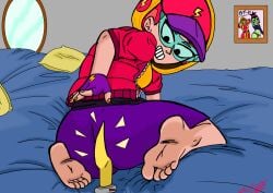 1girls bed bedroom big_breasts blue-tinted_eyewear brawl_stars clothed_female dildo female_focus fingerless_gloves from_behind gigantic_ass gloves looking_back max_(brawl_stars) sex_toy smile solo streetwear_max tacitusart tinted_eyewear