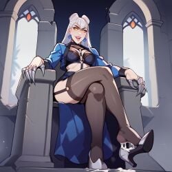 ai_generated claws cum cum_on_shirt evelynn femdom high_heels k/da_all_out_evelynn k/da_evelynn league_of_legends makeup sitting thighhighs throne yellow_eyes