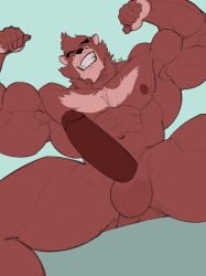 2023 5_fingers anthro balls bear biceps big_muscles big_penis black_nose boner brown_body brown_fur brown_nipples brown_penis erection eyebrows fingers flexing fur genitals grin hi_res huge_muscles humanoid_genitalia humanoid_penis kumatetsu looking_at_viewer low-angle_view male male_only mammal muscular muscular_anthro muscular_male nipples nude oldshep penis red_eyes simple_background smile solo the_boy_and_the_beast thick_eyebrows