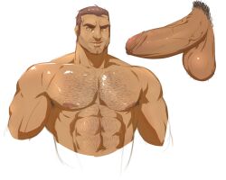 1boy 2024 armpit_hair arudesu balls bara barazoku big_balls big_penis daddy dilf erection hairy_chest hi_res highres male male_nipples male_only male_pubic_hair manly mature_male muscular_male nipples penis