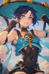 1boy abstract_background absurd_res ai_anatomy ai_generated ai_hands arched_back armpits bare_shoulders blue_eyes blue_hair blue_sky blush claw_pose clouds collar crop_top cute darabri dark_blue_hair detailed femboy feminine_male flushed genshin_impact girly hat headwear logo looking_at_viewer nail_polish navel open_mouth otoko_no_ko outdoors outlines patreon patreon_logo pov scaramouche_(genshin_impact) shorts sky teeth_showing toned trap windy