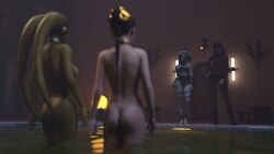 3d 3d_(artwork) 3d_model 4girls alexbridger ass bathing black_hair body_wraps bodysuit braided_hair brown_hair bubble_butt catsuit clothed_female_nude_female eyeshadow green_skin harem harem_girl harem_outfit holding_hands indoor_pool jabba's_palace large_breasts long_hair lyn_me melina_carniss naked nude nude_female oola pale_blue_skin pool princess_leia_organa rear_view sideboob skintight slave slave_collar slave_leia slavegirl standing_in_water star_wars twi'lek yuri