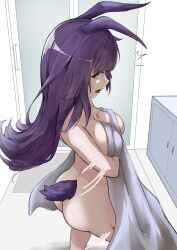 animal_ears arknights artist_request ass breasts looking_at_viewer nude_towel purple_hair rope_(arknights) surprised tail towel