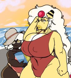 ampharos beach big_breasts breasts curvaceous curvy curvy_body curvy_female curvy_hips curvy_thighs erect_nipples erect_nipples_under_clothes femboy femboy_on_female girly huge_breasts lana_(megokinho) megokinho milf mother mother_and_son nipples noah_(megokinho) pokemon pokemon_(species) son summer swimsuit swimwear thick_thighs voluptuous wide_hips