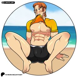 1boy 2024 bara barazoku big_bulge blush bulge clothing hi_res highres javito_art male male_nipples male_only muscular_male nintendo nipples penis_outline pokemon pokemon_concierge tyler_(pokemon_concierge)