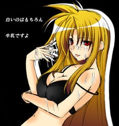 breasts cum fate_testarossa hagane_soushi kagura_soushi long_hair lyrical_nanoha mahou_shoujo_lyrical_nanoha mahou_shoujo_lyrical_nanoha_strikers red_eyes sketch strap_slip translated very_long_hair