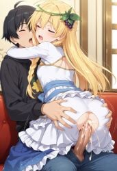 1boy 1girls ai_generated anal ass ass_grab cum cum_in_ass female iris_(konosuba) kono_subarashii_sekai_ni_shukufuku_wo! long_hair male moaning penis weird yellow_hair