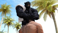 16:9 2017 3d ad-games anthro back_muscles beach black_body black_fur black_hair blue_sky christopher_(ad-games) day duo eyewear face_fucking fangs felid fur hair hand_on_head human interspecies irrumatio kerak kneeling low-angle_view male male/male male_focus mammal mohawk muscular muscular_anthro muscular_human muscular_male nude oral outside palm_tree pantherine penile plant sabertooth_(anatomy) sex sky standing sunglasses teeth towel towel_on_shoulder tree widescreen