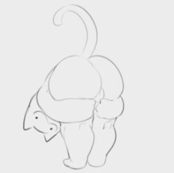 :3 anthro ass backsack balls barely_visible_balls barely_visible_genitalia bent_over big_butt bubble_butt domestic_cat felid feline felis genitals holding_both_legs holding_leg looking_at_viewer male mammal monochrome presenting presenting_hindquarters rear_view simple_background solo tacogatooooo tail