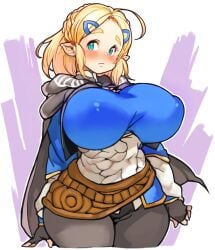 1girls ahoge big_breasts black_cape black_gloves black_pants blonde_hair blue_hairclip blue_shirt blush blush breasts_bigger_than_head cape colored elf_ears female fingerless_gloves fully_clothed girl gloves hairclip hairclips himazin88 large_breasts looking_at_viewer nipple_bulge pants pointy_ears princess_zelda purple_background shaded shirt simple_background solo solo_female teal_eyes the_legend_of_zelda the_legend_of_zelda:_breath_of_the_wild white_background zelda_(breath_of_the_wild)