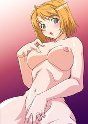 1girls blue_eyes blush breasts female fingering kaen_miso large_breasts mai_hime masturbation my-hime nude orange_hair short_hair small_breasts solo tokiha_mai vaginal_penetration