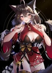 1girl ahoge animal_ears bangs bare_shoulders black_hair blush breasts brown_hair cleavage closed_mouth cowboy_shot dress eyebrows_visible_through_hair female fox_ears fox_shadow_puppet fox_tail hair_between_eyes hair_ornament index_finger_raised japanese_clothes kimono large_breasts long_hair looking_at_viewer mixed_hair_color momotexx_(vtuber) multiple_tails red_dress red_eyes smile solo tail thighhighs very_long_hair virtual_youtuber vtuber vyugen wide_sleeves wolf_ears wolf_girl