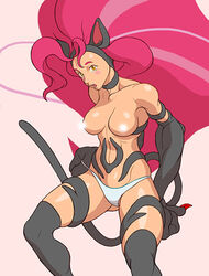 1girls alternate_color alternate_costume animal_ears antenna_hair arms_behind_back bare_shoulders big_hair blush breasts brown_eyes capcom cat_ears cat_tail censored claws darkstalkers embarrassed felicia_(darkstalkers) female fur hand_on_hip hips long_hair no_bra open_mouth orange_eyes panties paws pink_hair simple_background small_breasts solo standing surprised tail topless underwear underwear_only undressing very_long_hair white_panties wide_hips yamamiya_hiroshi