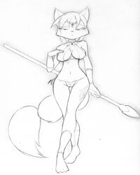 animal_ears anthro barefoot big-e6 bikini bindi breasts choker closed_mouth clothes feet female female_only fox front_view fur furry furry_breasts furry_ears furry_tail hair holding jewelry krystal krystal's_staff medium_breasts monochrome nintendo paws pointy_ears rough_sketch short_hair solo staff standing star_fox swimsuit tail toes white_background