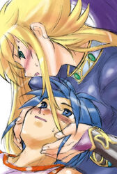 1boy 1girls blonde_hair blue_eyes blue_hair breath_of_fire breath_of_fire_ii clothed clothing dr.p female green_eyes hands_on_head holding_head laying_down looking_at_another looking_down looking_up lying male male/female nina_(breath_of_fire_ii) open_mouth ryuu_(breath_of_fire_ii) white_background