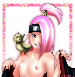 1girls akatsuki_(naruto) bird blush breasts deidara female female_only genderswap genderswap_(mtf) japanese_text lowres nail_polish naruto nipples nude nudity pink_eyes pink_hair pomeranianko rule_63 small_breasts solo straight_hair