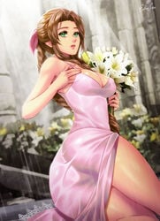 aerith_gainsborough ass ass_focus bangs bouquet bow braid braided_hair breasts brown_hair busty church cleavage clothed dress erect_nipples esther-shen final_fantasy final_fantasy_vii final_fantasy_vii_remake flowers from_behind green_eyes hair_ribbon hairbow lace lace_trim light_skin looking_back medium_breasts pink_clothing pink_dress pink_lips ponytail ponytail_braid pov rain shiny_skin skirt_lift sweat thighs wavy_hair wet wet_clothes