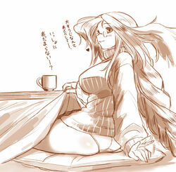 braid breasts breath_of_fire breath_of_fire_iii clothing dr.p glasses kotatsu large_breasts momo_(breath_of_fire) monochrome panties translation_request underwear