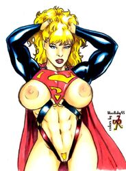 arms_up blonde_hair blue_eyes breasts color colored dc_comics female functionally_nude hair high-heeled_jill long_hair navel nipples pubic_hair supergirl supergirl_(dark) superman_(series) woobaby43