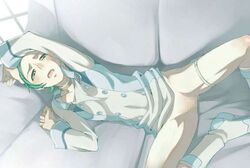 1girls ass blue_eyes blue_hair blush bottomless censored clothes couch cyocyo eureka eureka_7 eureka_seven eureka_seven_(series) nude pose shoes solo strap tasaka_shinnosuke