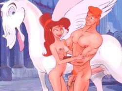 1boy 1girls biceps breasts disney female furronika hercules_(character) hercules_(disney) holding male megara muscle muscle_worship muscles nipples nude pecs pegasus pegasus_(hercules) penis pubic_hair romantic straight testicles