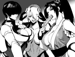 3girls angel_(kof) boob_window breasts cleavage cleavage_cutout deep_cleavage female gamzamugur hair_over_eyes hair_over_one_eye hand_fan hands_on_own_chest holding holding_fan king_of_fighters large_breasts looking_at_viewer mai_shiranui multiple_girls ninja ponytail shermie_(kof) snk