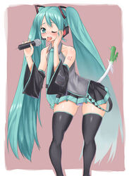 1girls 2d bare_shoulders black_skirt black_thighhighs blue_eyes blue_hair blue_necktie blush collared_shirt color detached_sleeves female female_only grey_shirt hair hatsune_miku headset leek light-skinned_female light_skin long_hair microphone necktie one_eye_closed open_mouth panties pleated_skirt shirt skirt sleeveless sleeveless_shirt sleeves solo striped striped_panties teeth thighhighs thighs tongue tongue_out twintails vocaloid