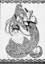 bleu breath_of_fire breath_of_fire_iii comic deis doujinshi lamia long_hair monochrome monster_girl naga pointy_ears ryuu_(breath_of_fire_iii) scales topless