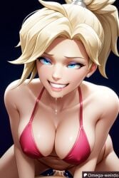 1girl1boy ai_generated big_breasts bikini blonde_hair blue_eyes clenched_teeth cum drooling ear_piercing female makeup mercy omega-weirdo overwatch overwatch_2 patreon ponytail sex straddling